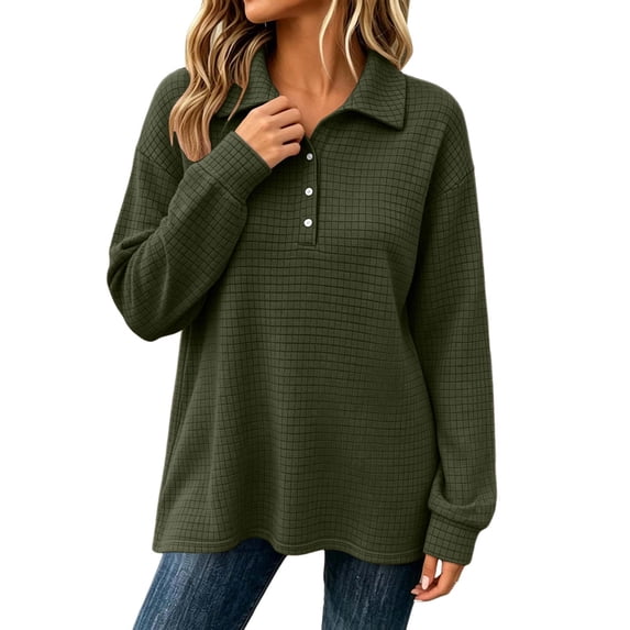 LAJPXKHY Tops for Women Long Sleeve Lapel Collar V-Neck Button Texture Solid Fashion Fall Casual Running Athletic Pullover Shirts(Medium,Army Green)