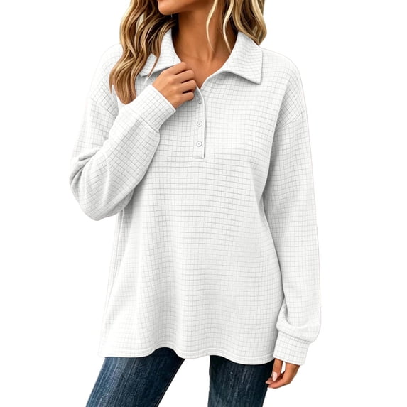 LAJPXKHY Tops for Women Long Sleeve Lapel Collar V-Neck Button Texture Solid Fashion Fall Casual Running Athletic Pullover Shirts(X-Large,White)