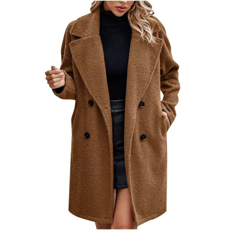 LAJPXKHY Tweed Jacket Women Trendy Dressy Casual Lapel Button down Long Jackets Double Breasted Knee Length Coat
