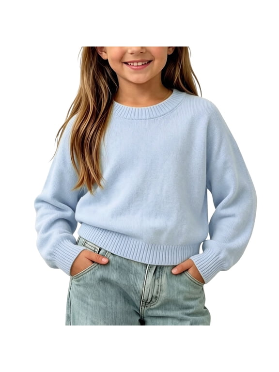 Unisex Kids Sweaters Long Sleeve Crewneck Loose Solid Pullover Boys Girls Fall Winter Casual Tops(6-7Years,Light Blue)
