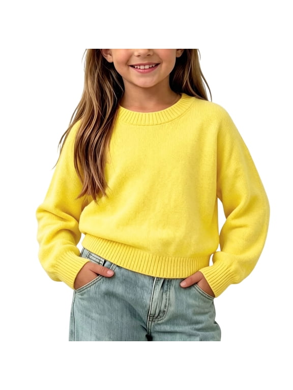 Unisex Kids Sweaters Long Sleeve Crewneck Loose Solid Pullover Boys Girls Fall Winter Casual Tops(6-7Years,Yellow)