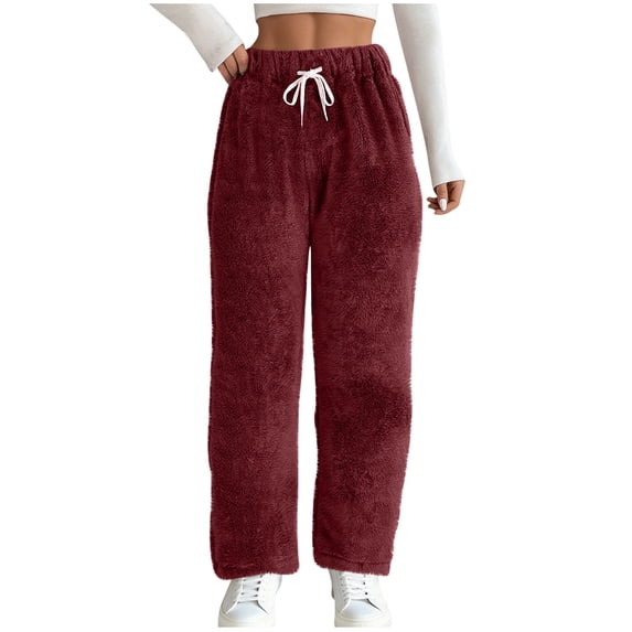 LAJPXKHY Winter Sherpa Pajamas Pants for Women Drawstring High Waisted Loose Casual Fuzzy Thick Warm Homewear Wide Leg Trousers