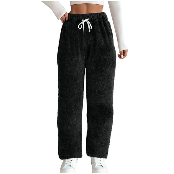 LAJPXKHY Winter Sherpa Pajamas Pants for Women Drawstring High Waisted Loose Casual Fuzzy Thick Warm Homewear Wide Leg Trousers