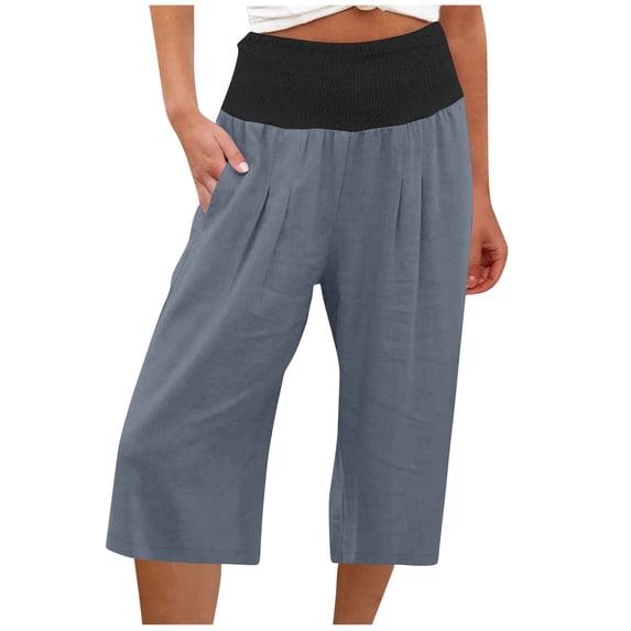 LAJPXKHY Women's Capri Pants Elastic High Waist Wide Leg Capris Summer Lightweight Casual Loose Breathable Cropped Pant with Pockets