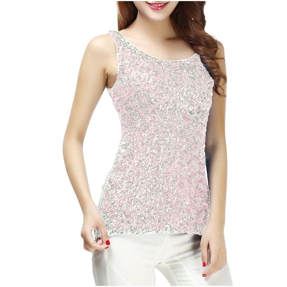 LAJPXKHY Women's Tank Tops Summer Sleeveless Crew Neck Slim Fitted Party Sparkly Dressy Camisole Shiny Club Night Shirts