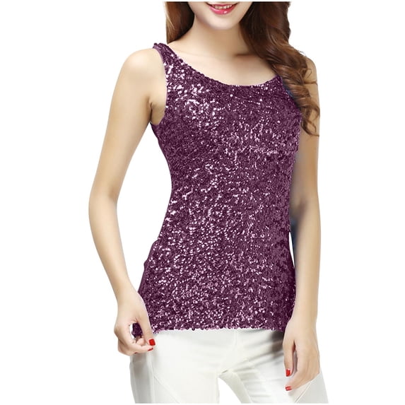 LAJPXKHY Women's Tank Tops Summer Sleeveless Crew Neck Slim Fitted Party Sparkly Dressy Camisole Shiny Club Night Shirts