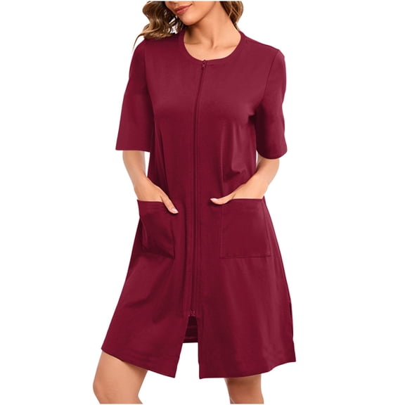 LAJPXKHY Women's Zip up Housecoat Zipper Front Robes Lightweight Pajamas Bathrobes 1/2 Sleeve Loungewear with Pockets