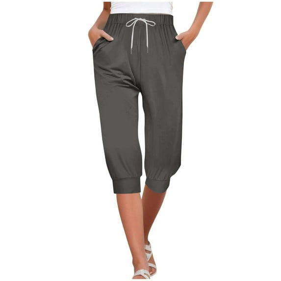LAJPXKHY Womens Capri Pants Drawstring Elastic High Waist Loose Casual Workout Cinch Bottom Pant Yoga Capris with Pockets