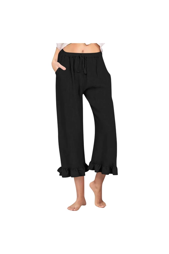 Womens Capri Pants Drawstring Elastic Waist Ruffle Hem Wide Leg Cropped Pant Casual Loose Lightweight Capris with Pockets