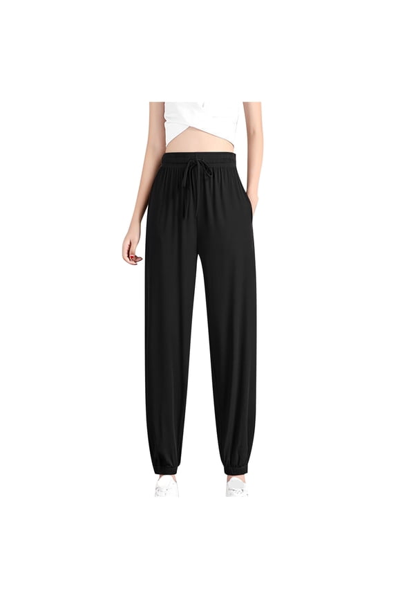 Womens Casual Pants Summer Lightweight Thin Quick Drying Drawstring High Waisted Cinch Bottom Trousers with Pockets