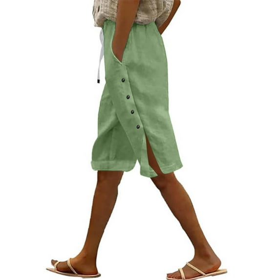 LAJPXKHY Womens Cotton Linen Shorts Casual Knee Length Drawstring Elastic Waist Straight Leg Side Button Lightweight Shorts with Pockets