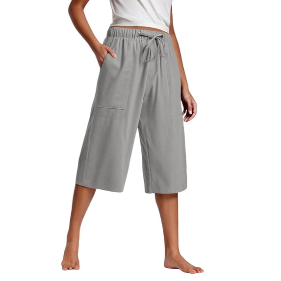 LAJPXKHY Womens Plus Size Capri Pants Summer Cotton Linen Lightweight Breathable Drawstring High Waist Wide Leg Capris with Pockets