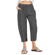 LAJPXKHY Womens Plus Size Capris Pants Summer Cotton Linen Lightweight Thin Breathable Comfy Wide Leg Cropped Trousers with Pockets
