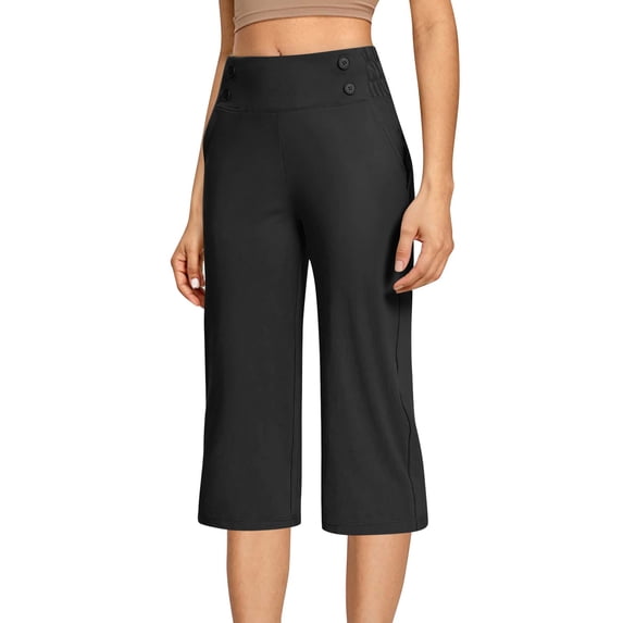 LAJPXKHY Womens Summer Capri Pants Button Elastic High Waisted Straight Leg Work Pant Causal Workout Gym Yoga Capris with Pockets