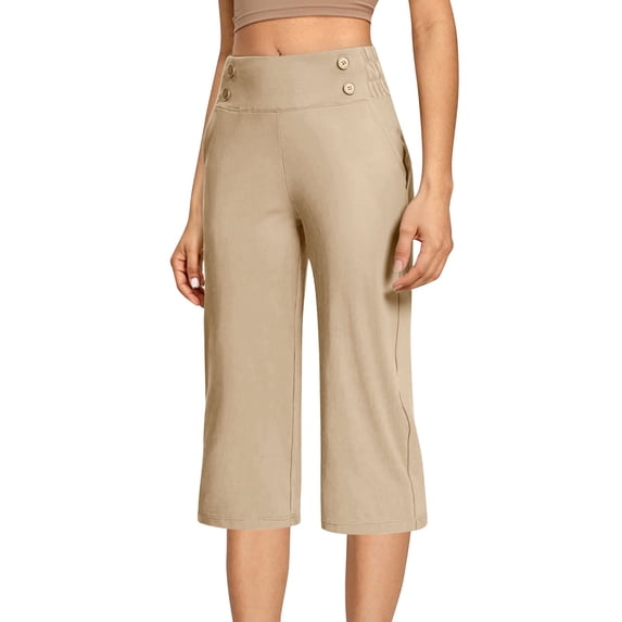 LAJPXKHY Womens Summer Capri Pants Button Elastic High Waisted Straight Leg Work Pant Causal Workout Gym Yoga Capris with Pockets