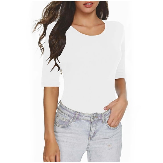 LAJPXKHY Womens T Shirts Solid Color 1/2 Sleeve Round Neck Summer Slim Tight Stretchy Comfy Basic Tops Tshirts