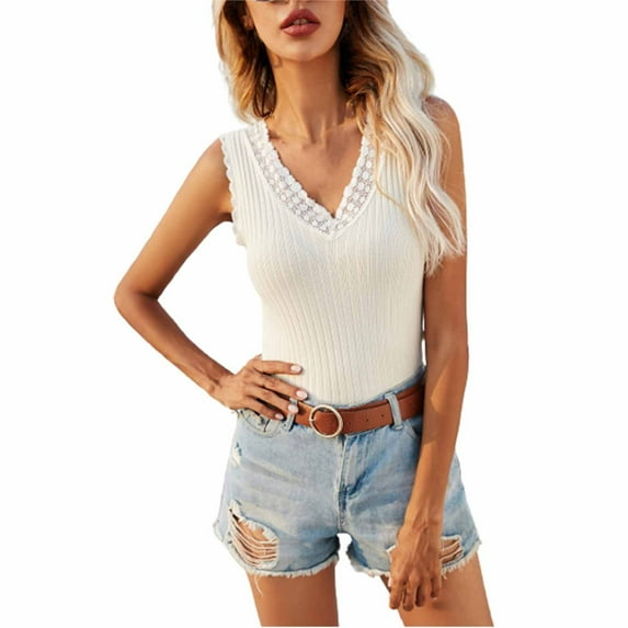 LAJPXKHY Womens Tank Tops Summer Lace Patchwork V Neck Sleeveless Shirt Ribbed Stretch Slim Fitted Camis Going out Top