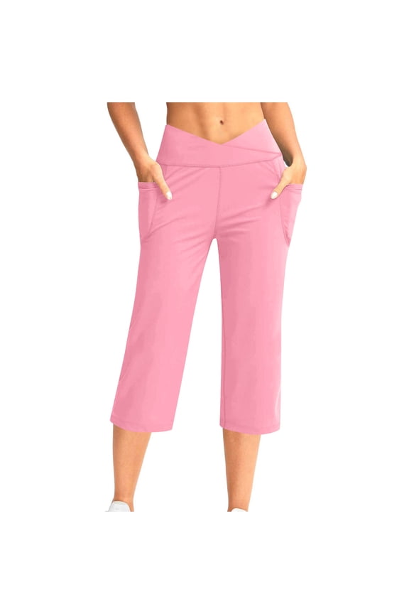 Womens Yoga Capri Pants with Pockets Straight Leg Cross Wrap Elastic High Waisted Casual Loose Workout Joggers Capris