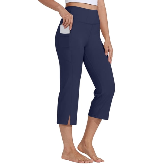 LAJPXKHY Yoga Capri Pants for Women Elastic High Waist Straight Leg Side Split Workout Gym Running Capris Leggings with Pockets