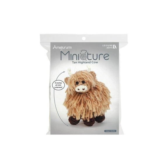 Leisure Arts Amigurumi Kit Miniatures Highland Cow Tan - Crochet Kit for Beginners, Stuffed Animal Amigurumi Kit, DIY Animal Crochet Kit