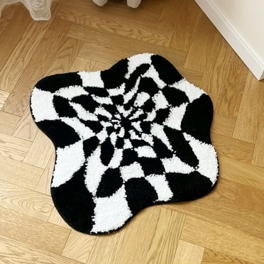 LAKEA Abstract 3D Illusion Checkered Cloud Shape Tufted Rug - Handmade Modern Black and White Design - Fluid Art Porch Carpet