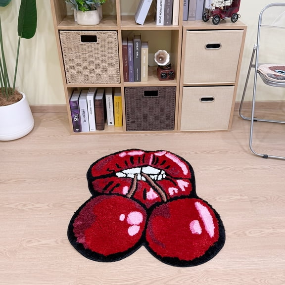 LAKEA Cherry Lips Tufted Rug Cute Fruit Theme Home Decor Irregular Shaped Soft Area Carpet Durable Machine-Washable Thick Pile Door