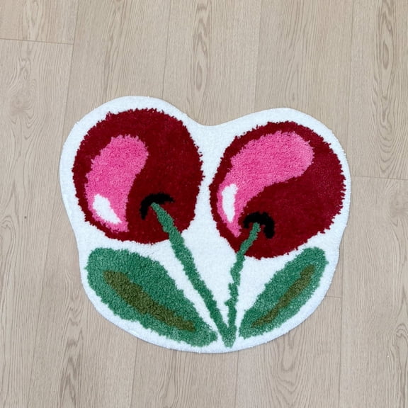 Lakea Red Cherry Shaped Tufted Rug, Soft Plush Non-Slip Decor Floor Mat for Bedroom, Bathroom & Kitchen Home Decor