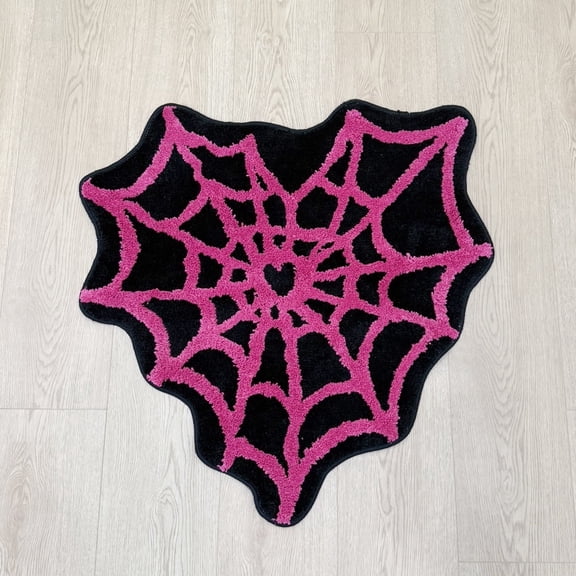 Lakea Heart Shaped Spider Web Tufted Rug, Pink Goth Soft Non-Slip Floor Mat for Bedroom, Living Room & Dorm Halloween Decor