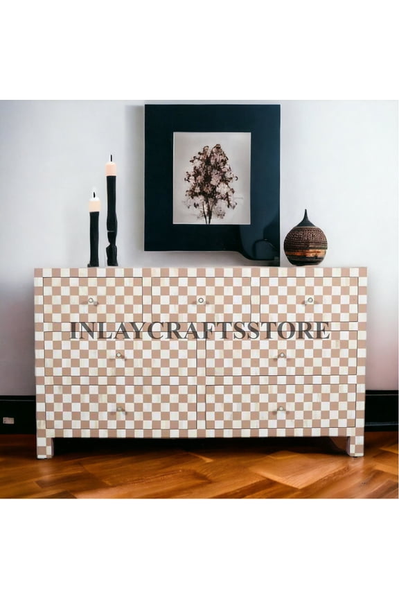 LAKECITY ARTS Bone Inlay Checker Board 7 Drawers Chest Almond, Bone Inlay Checker Board 7 Drawers Dresser Table Almond, Bone Inlay Storage Unit