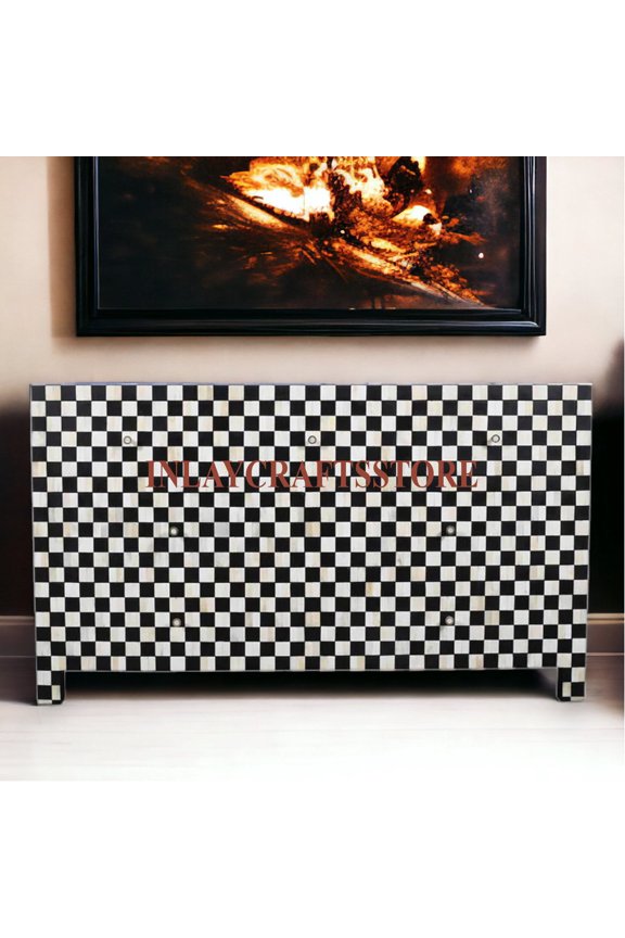 LAKECITY ARTS Bone Inlay Checker Board 7 Drawers Chest Black, Bone Inlay Checker Board 7 Drawers Dresser Table Black, Bone Inlay Storage Unit