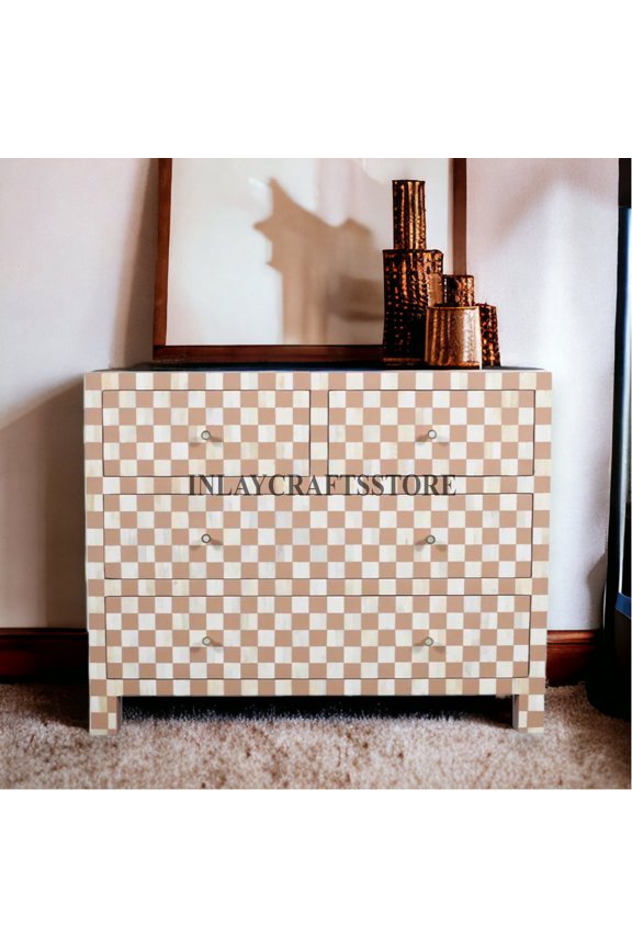 LAKECITY ARTS Bone Inlay Checker Board Design 4 Drawers Chest Almond, Bone Inlay Checker Board Design Dresser Table Almond, Bone Inlay Storage Unit