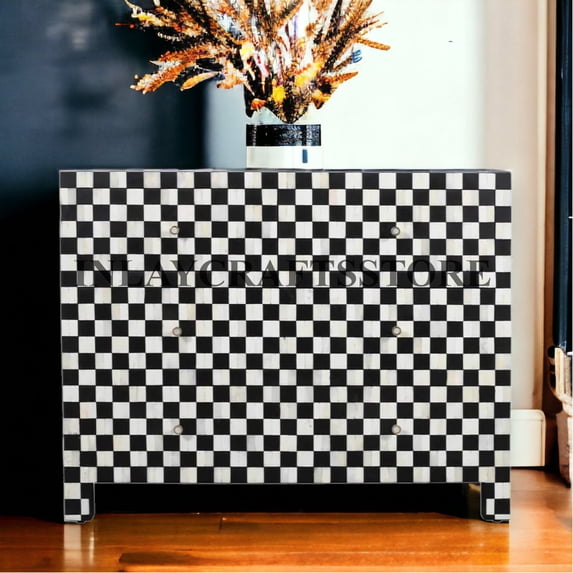LAKECITY ARTS Bone Inlay Checker Board Design 4 Drawers Chest Black ...