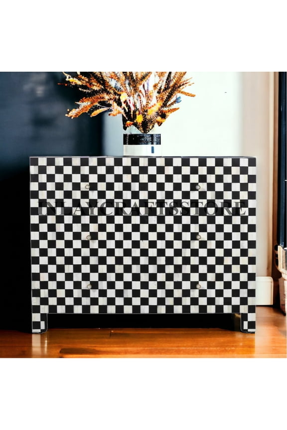 LAKECITY ARTS Bone Inlay Checker Board Design 4 Drawers Chest Black, Bone Inlay Checker Board Design Dresser Table Black, Bone Inlay Storage Unit