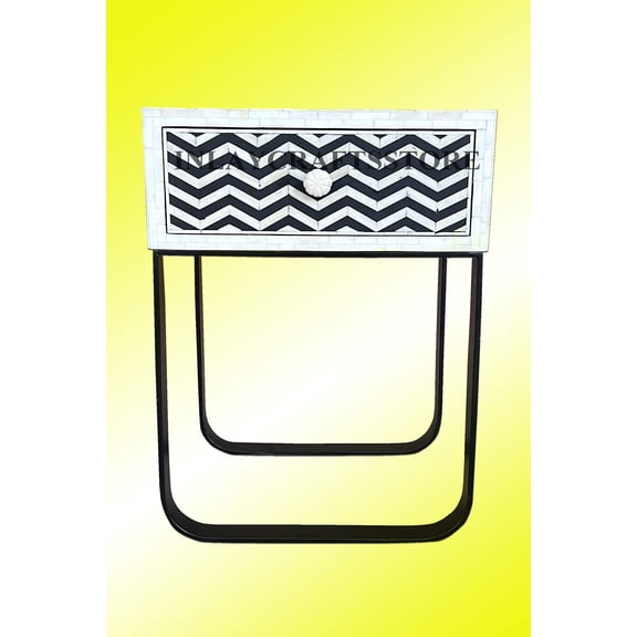 LAKECITY ARTS Bone Inlay Chevron Design Bedside Table Black, Bone Inlay Chevron Design Nightstand Table Black, Bone Inlay Storage Unit