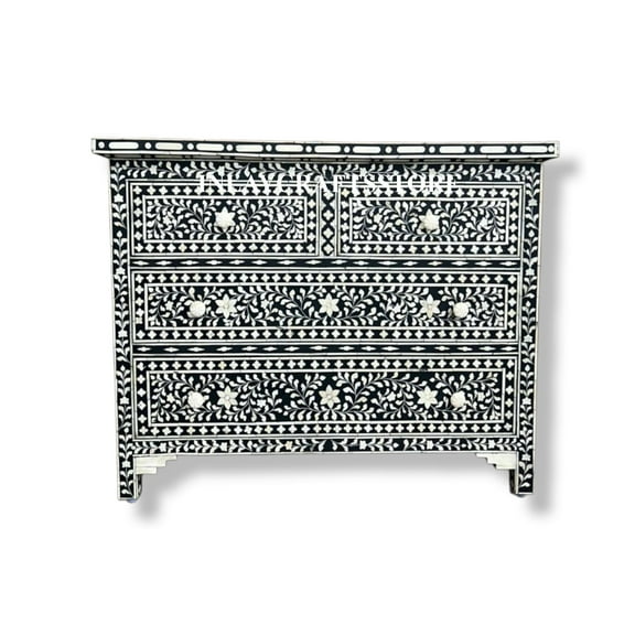 LAKECITY ARTS Bone Inlay Floral 4 Drawers Chest Black, Bone Inlay Floral 4 Drawers Dresser Table Black, Bone Inlay Storage Unit