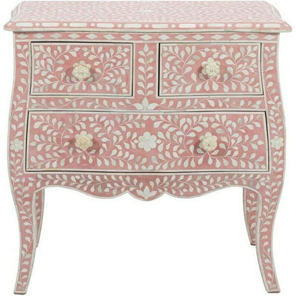 LAKECITY ARTS Bone Inlay Floral Design 3 Drawers Bedside Table Pink, Bone Inlay Floral Design 3 Drawers Nightstand Table Pink