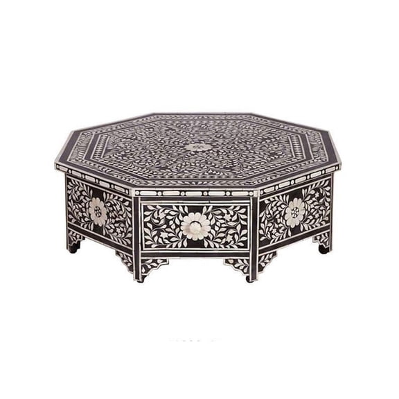 LAKECITY ARTS Bone Inlay Floral Design Drawer Coffee Table Black, Bone Inlay Floral Design Drawer Center Table Black