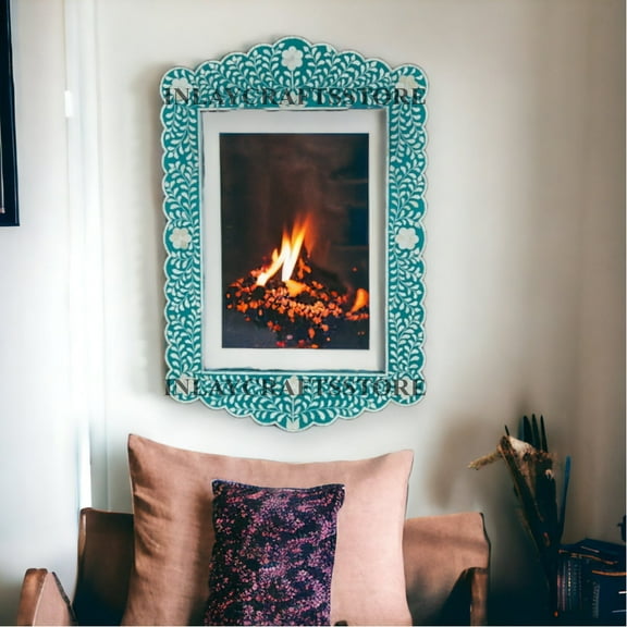 LAKECITY ARTS Bone Inlay Floral Scalloped Mirror Frame Green, Bone Inlay Wall Mirror, Bone Inlay Scalloped Mirror, Wall Mirror