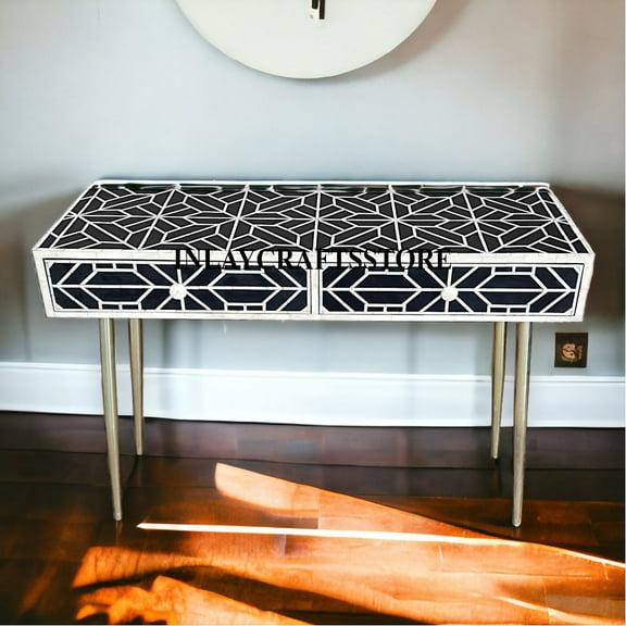 LAKECITY ARTS Bone Inlay Geometric Design 2 Drawers Console Table Black, Bone Inlay Geometric Design 2 Drawers Desk Black