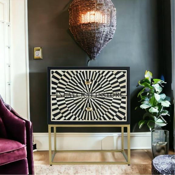 LAKECITY ARTS Bone Inlay Illusion 2 Drawers Bedside Table Black, Bone Inlay Illusion 2 Drawers Nightstand Table Black