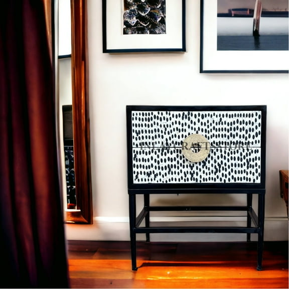 LAKECITY ARTS Bone Inlay Leopard Design 2 Drawers Bedside Table Black, Bone Inlay Leopard Design 2 Drawers Nightstand Table Black