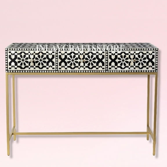 LAKECITY ARTS Bone Inlay Moroccan Design 3 Drawer Console Black, Bone Inlay Moroccan Design 3 Drawers Desk Black, Bone inlay furniture