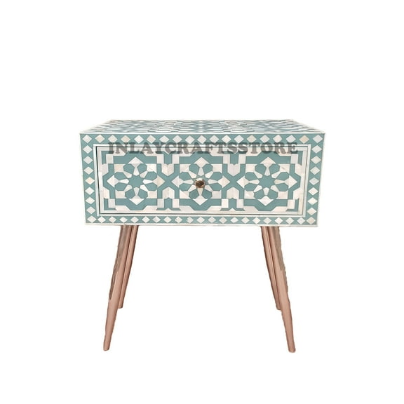 LAKECITY ARTS Bone Inlay Moroccan Design Bedside Table Slate Green, Bone Inlay Moroccan Design Night Stand Slate Green, Bone Inlay Storage Unit