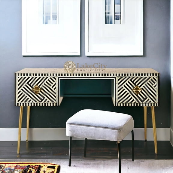 LAKECITY ARTS Bone Inlay Optical Design 2 Drawers Desk Black, Optical Design 2 Drawers Console Table, Optical Study Table