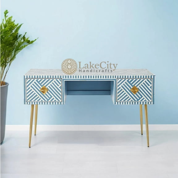 LAKECITY ARTS Bone Inlay Optical Design 2 Drawers Desk Sky Blue, Optical Design 2 Drawers Console Table Sky Blue, Bone Inlay Storage Unit