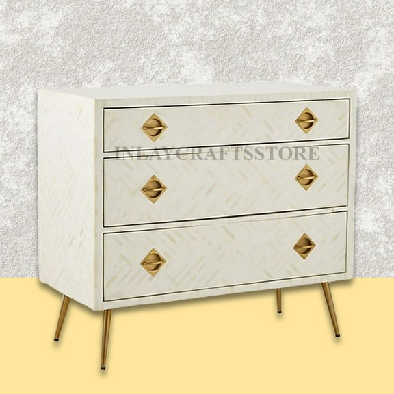 LAKECITY ARTS Bone Inlay Optical Design 3 Drawers Chest Sky Blue, Bone Inlay Optical Design 3 Drawers Dresser Table Sky Blue, Bone Inlay Storage Unit