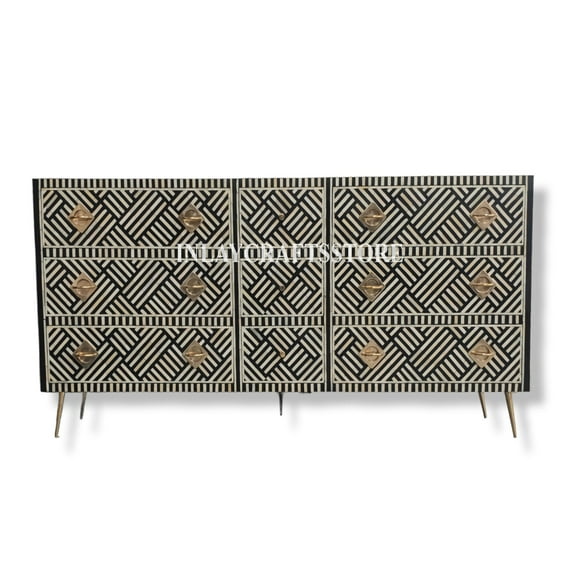 LAKECITY ARTS Bone Inlay Optical Design 9 Drawers Chest Black, Bone Inlay Optical Design 9 Drawers Dresser Table, Storage Unit