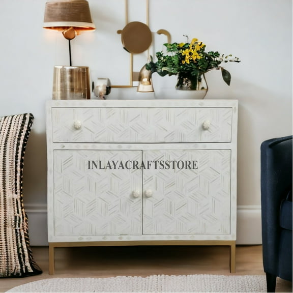 LAKECITY ARTS Bone Inlay Optical Design Entryway Cabinet White, Bone Inlay Optical Design Media Unit Table White, Bone Inlay Storage Unit