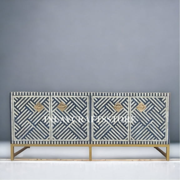 LAKECITY ARTS Bone Inlay Optical Design Media Cabinet Indigo Blue, Bone Inlay Optical Design Media Console Indigo Blue, Bone Inlay Storage Unit