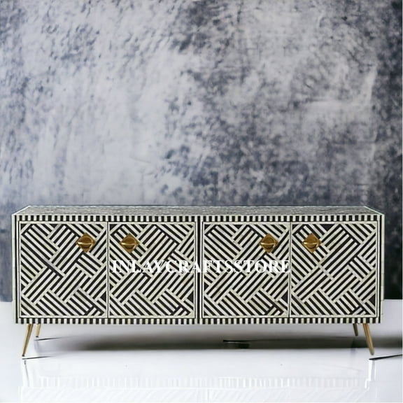 LAKECITY ARTS Bone Inlay Optical Design Media Cabinet in Black, Bone Inlay Optical Design Media Console Black, Bone Inlay Storage Unit